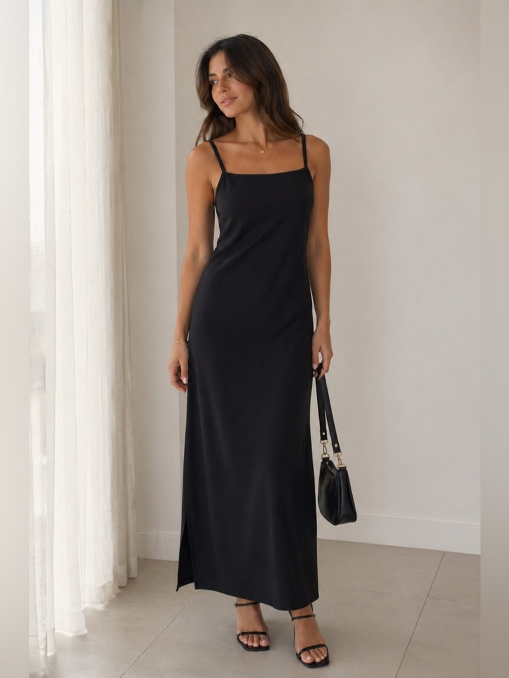 Elegant Black Slip Maxi Dress with Spaghetti Straps
